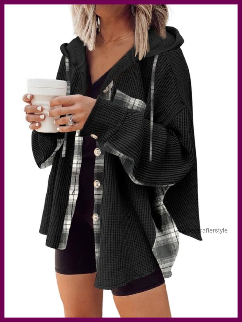 Waffle Knit Plaid Shacket Hooded Button Down Shirt Jacket